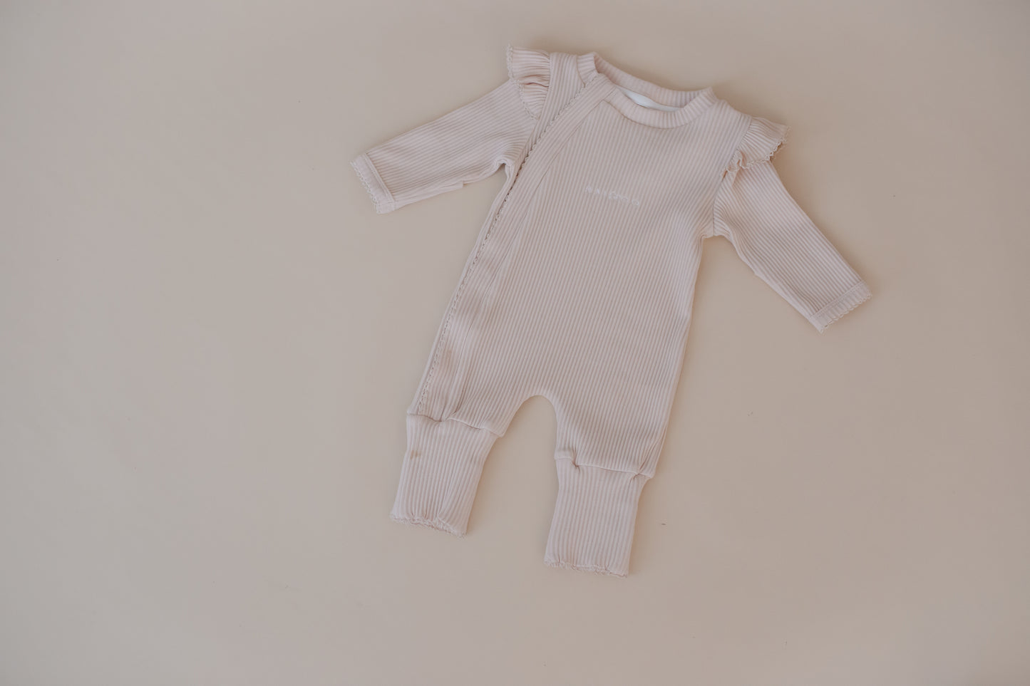 Frill Ribbed Romper - Beige